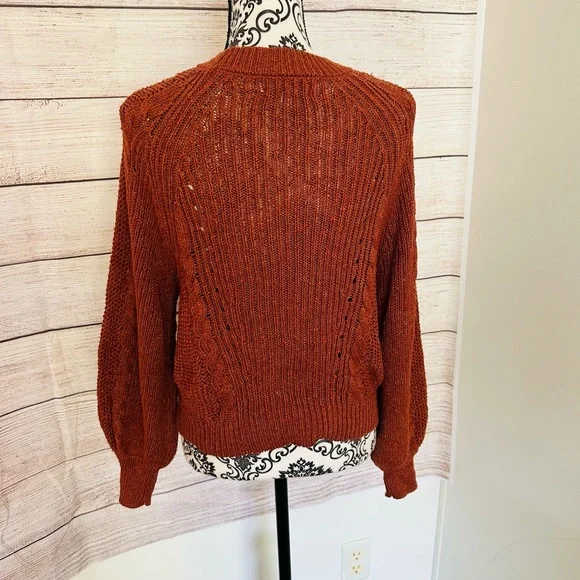 American Eagle Women’s Brown Cable Knit Ribbed Puff Sleeve Sweater S - Picture 6 of 8